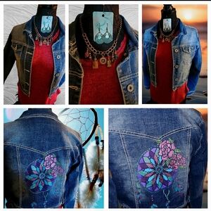 4 piece set. Top, hand painted denim jacket, necklace and earrings
